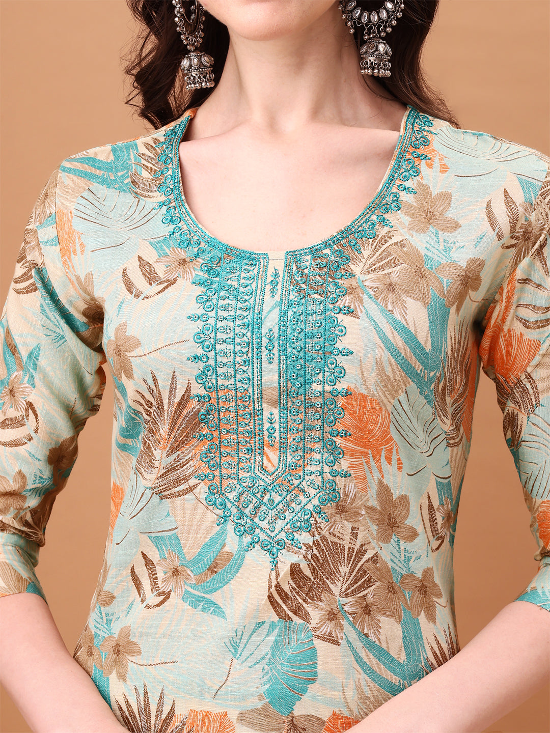 Blue Botanical Printed Cotton Kurta Set with Embroidered Dupatta