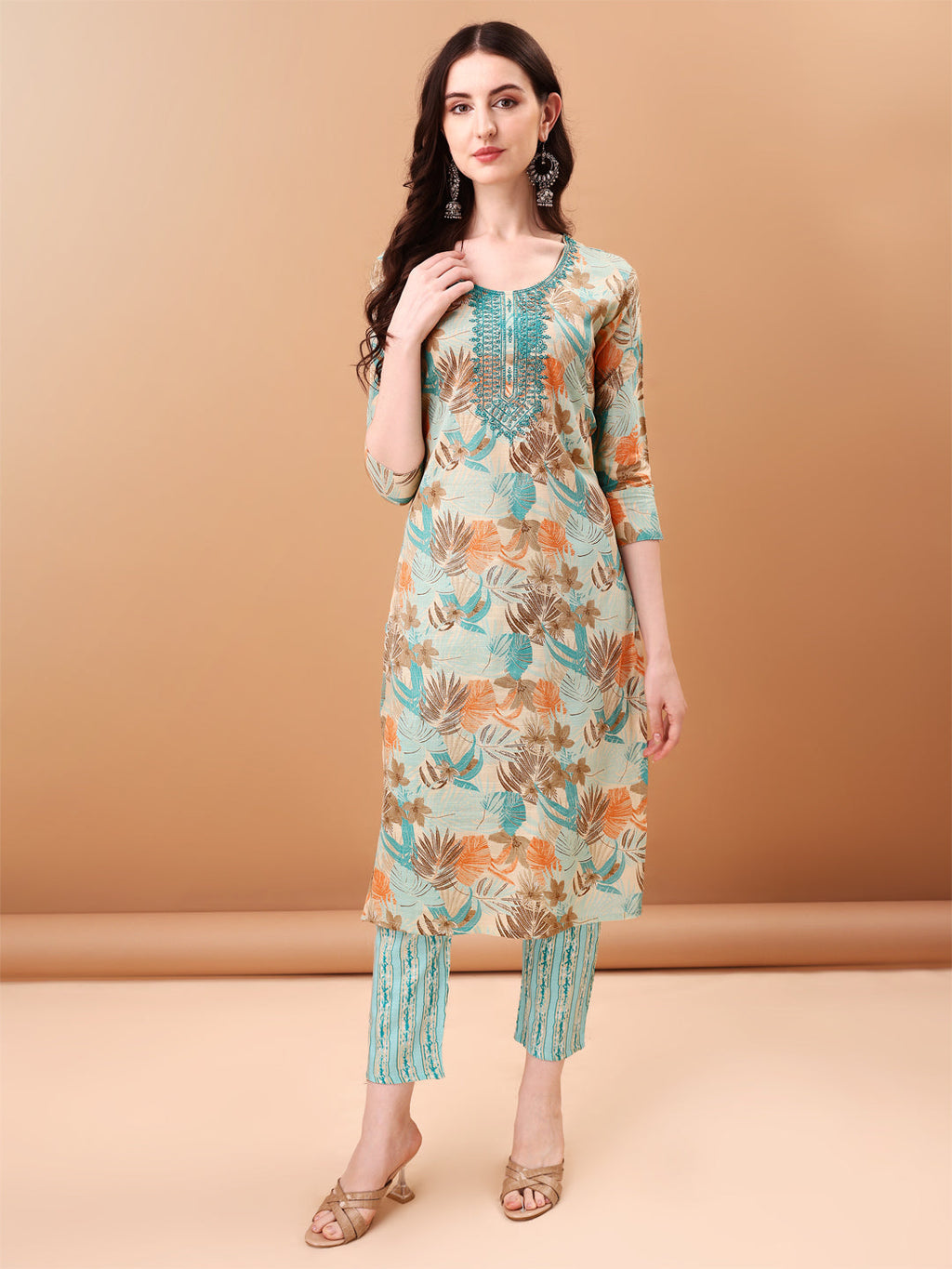 Blue Botanical Printed Cotton Kurta Set with Embroidered Dupatta