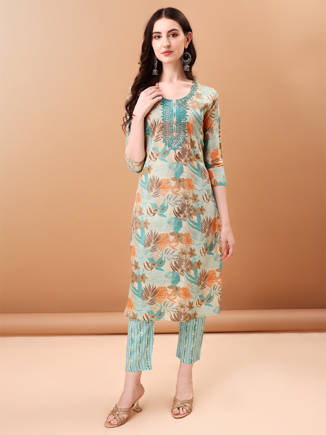 Blue Botanical Printed Cotton Kurta Set with Embroidered Dupatta