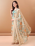 Blue botanical printed cotton kurta set with embroidery and printed dupatta