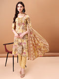 Yellow kurta set with botanical print and embroidery, paired with matching pants and a printed dupatta.