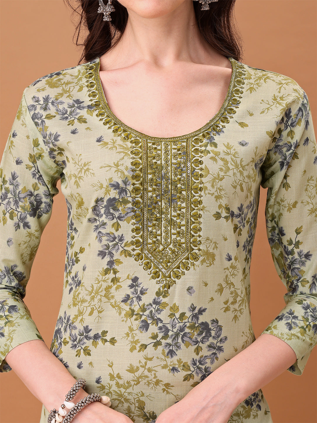 Green Embroidered Floral Printed Kurta Set with Dupatta