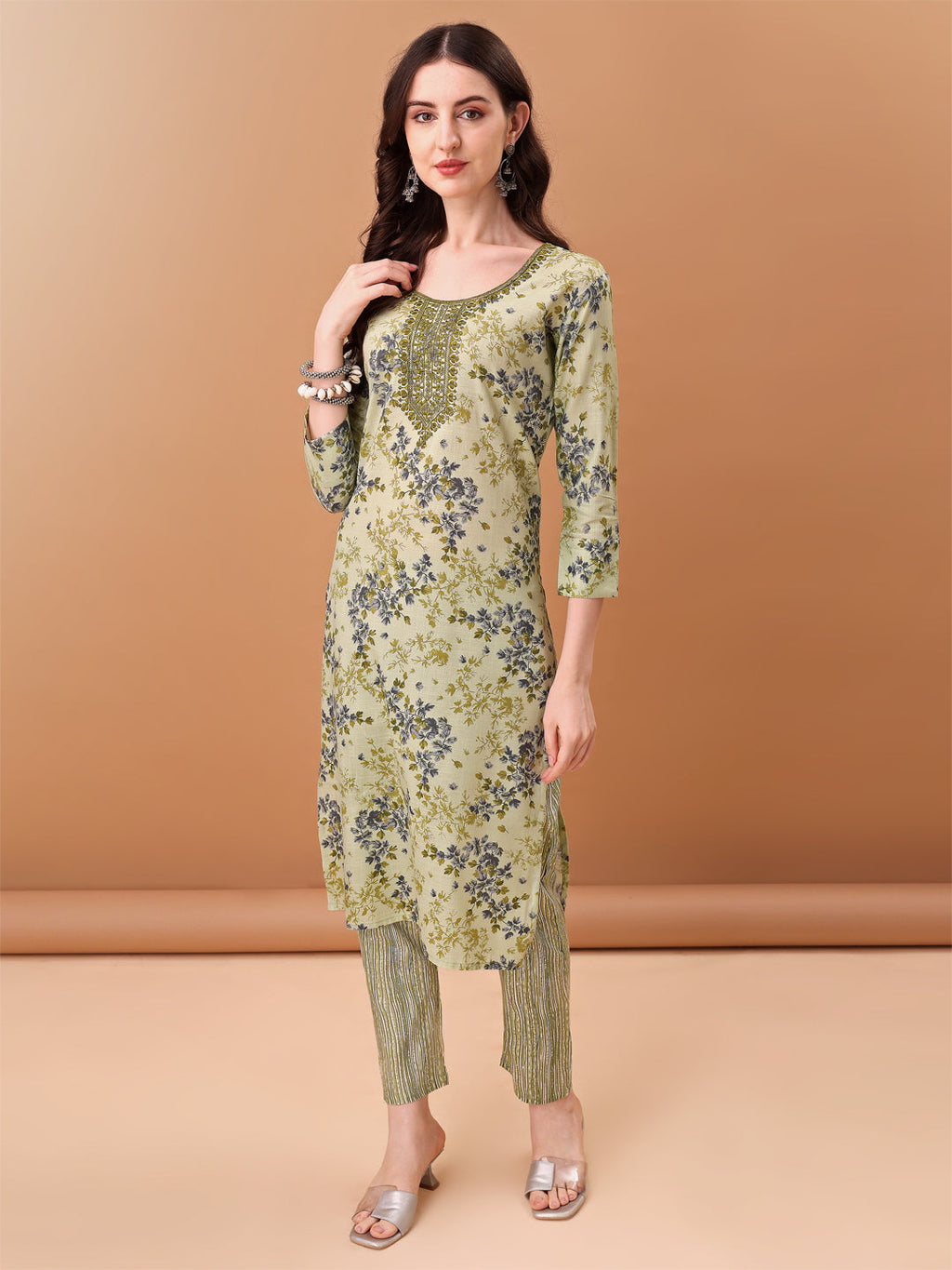 Green Embroidered Floral Printed Kurta Set with Dupatta