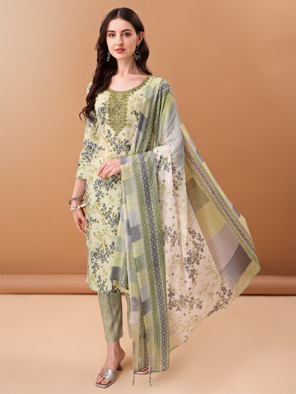 Green Embroidered Floral Printed Kurta Set with Dupatta