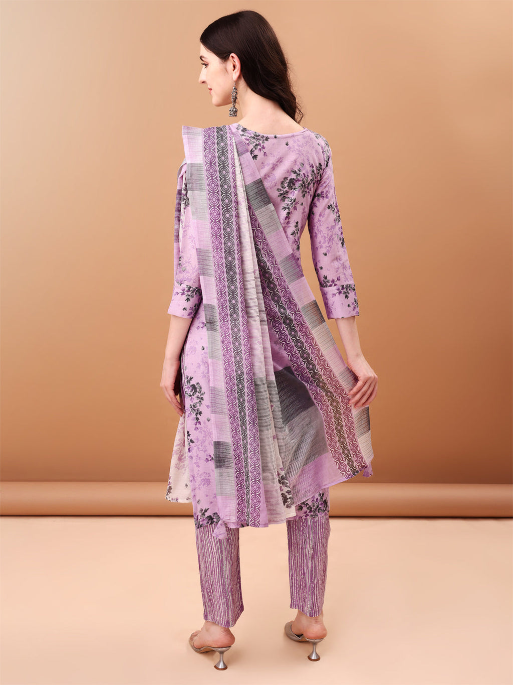 Floral Embroidered Lavender Kurta Set with Printed Dupatta