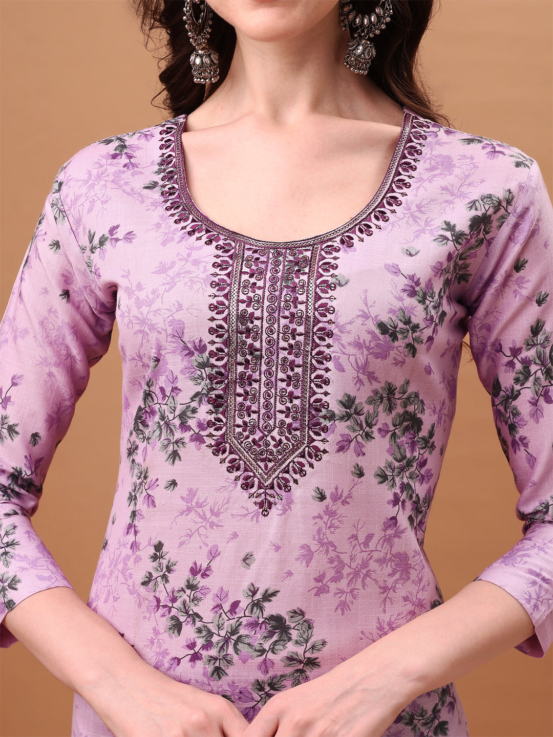 Floral Embroidered Lavender Kurta Set with Printed Dupatta