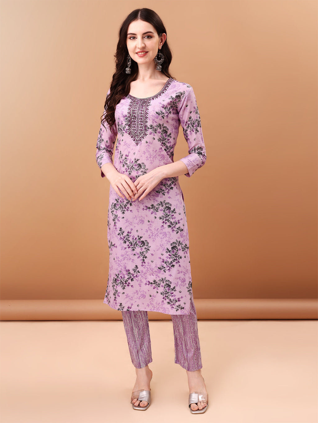 Floral Embroidered Lavender Kurta Set with Printed Dupatta