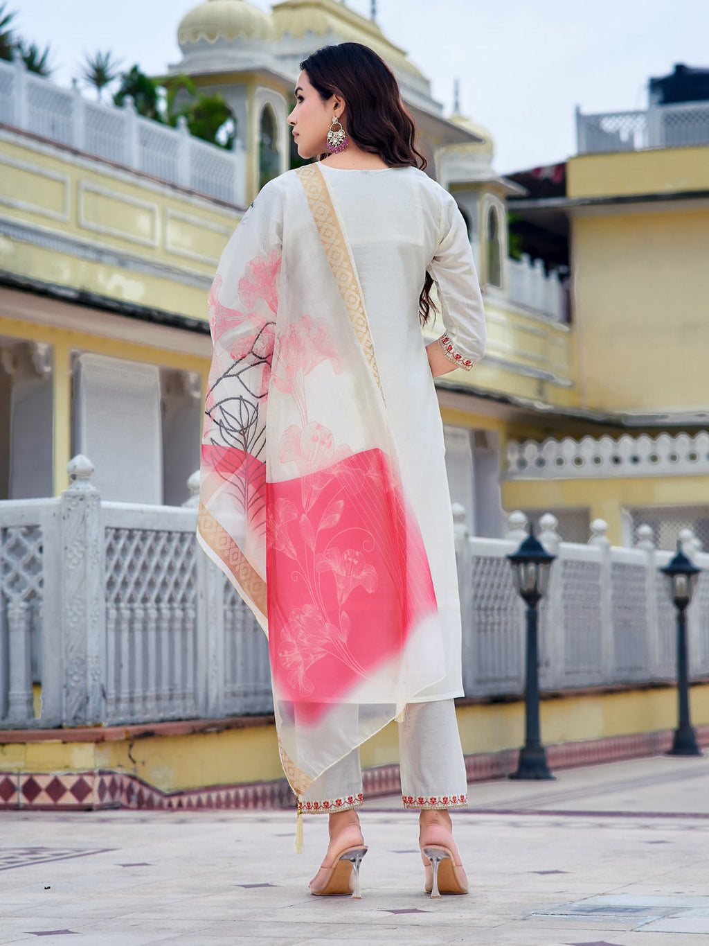 White Chanderi Embroidered Kurta Set with Printed Organza Dupatta