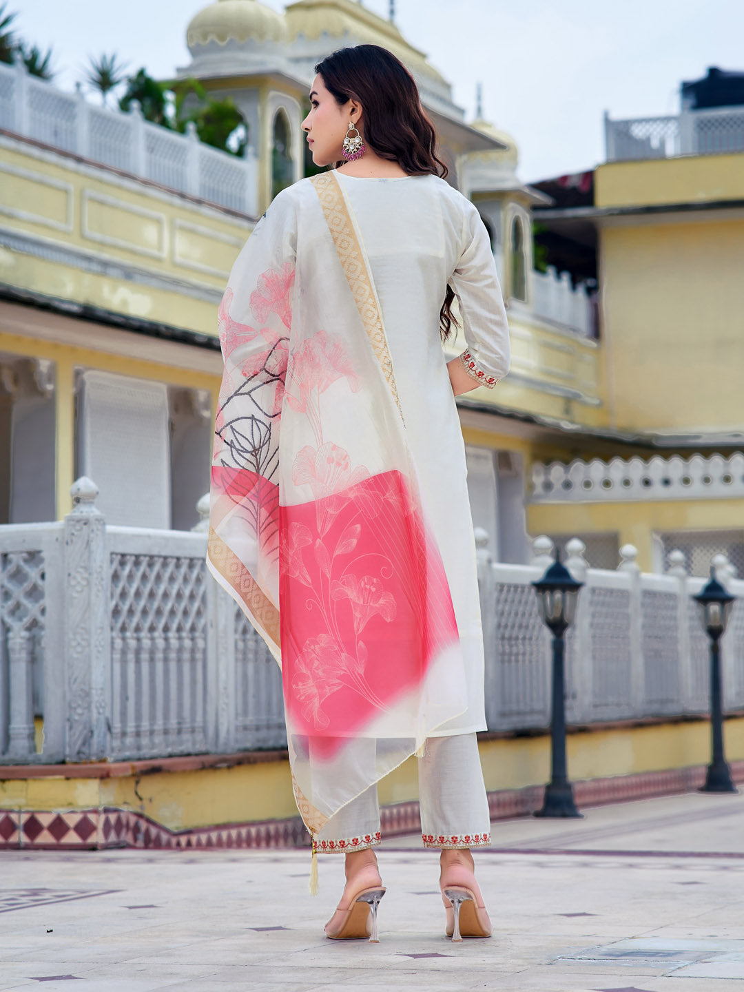 White Chanderi Embroidered Kurta Set with Printed Organza Dupatta