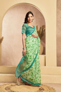 Green Printed Linen Ready-to-Wear Saree with Unstitched Blouse