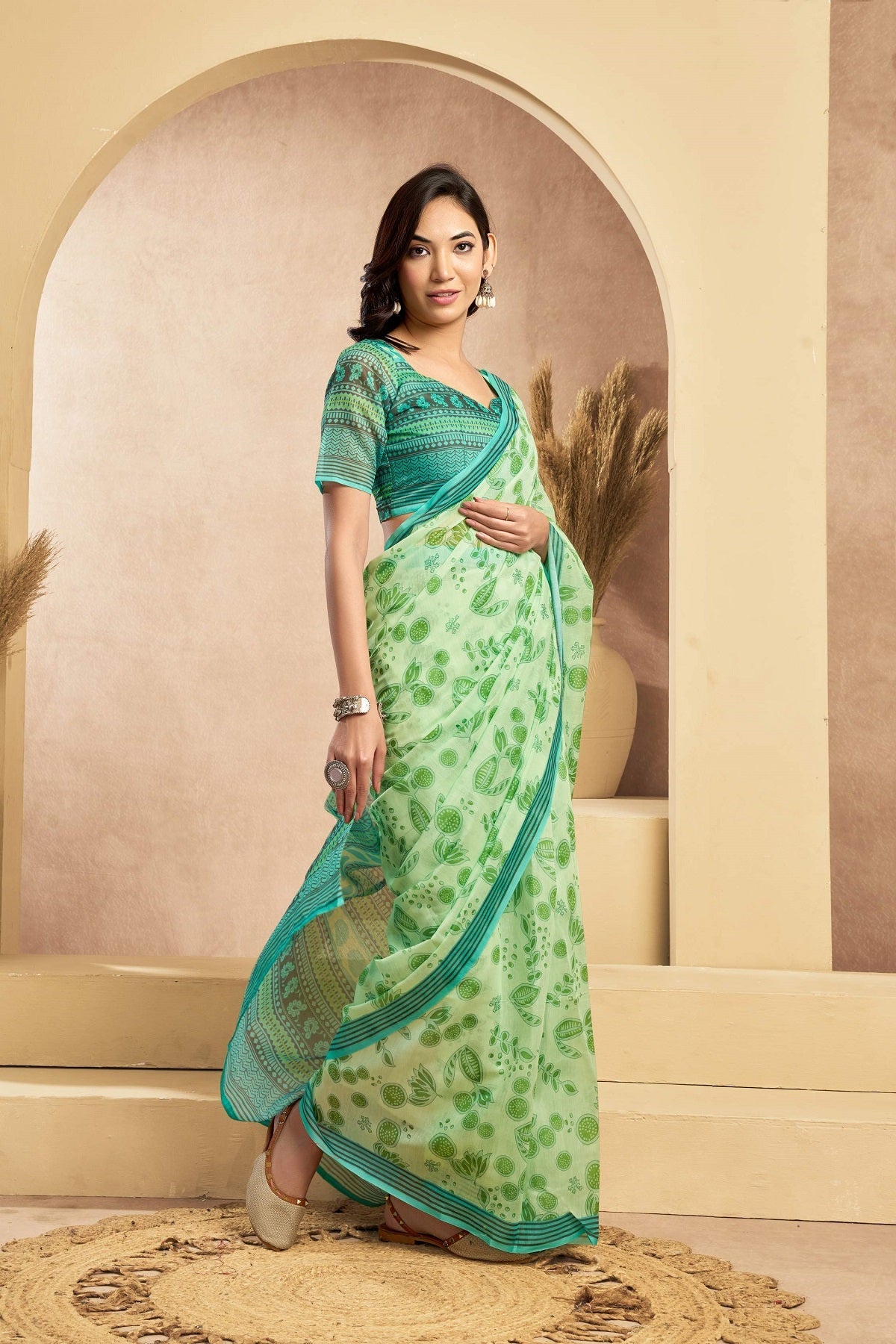 Green Printed Linen Ready-to-Wear Saree with Unstitched Blouse