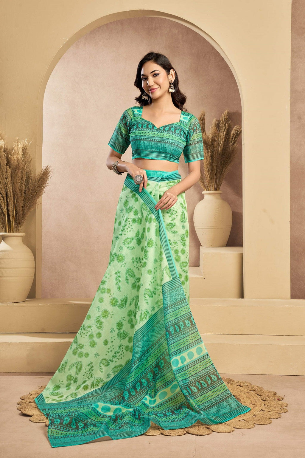 Green Printed Linen Ready-to-Wear Saree with Unstitched Blouse