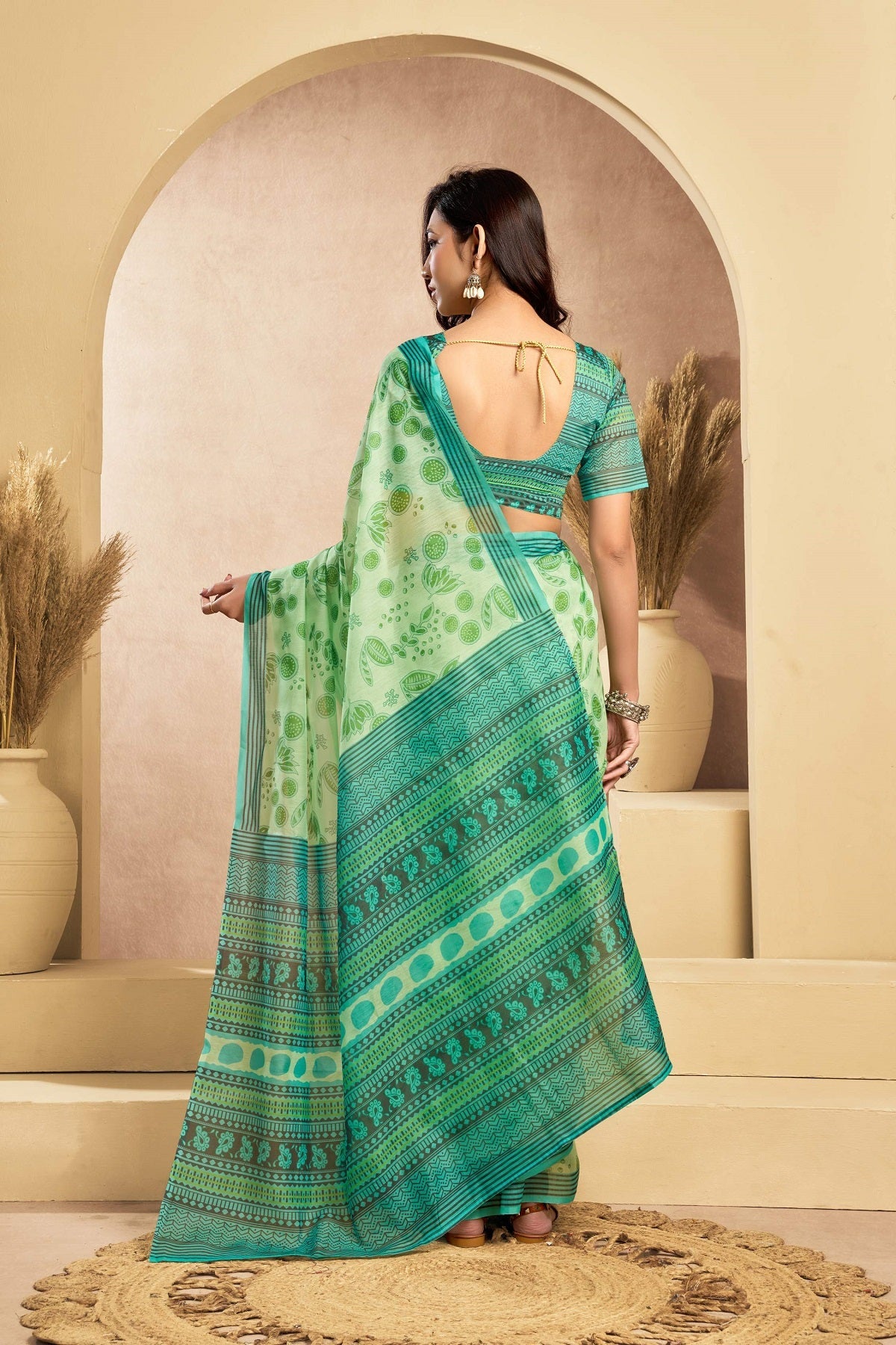 Green Printed Linen Ready-to-Wear Saree with Unstitched Blouse