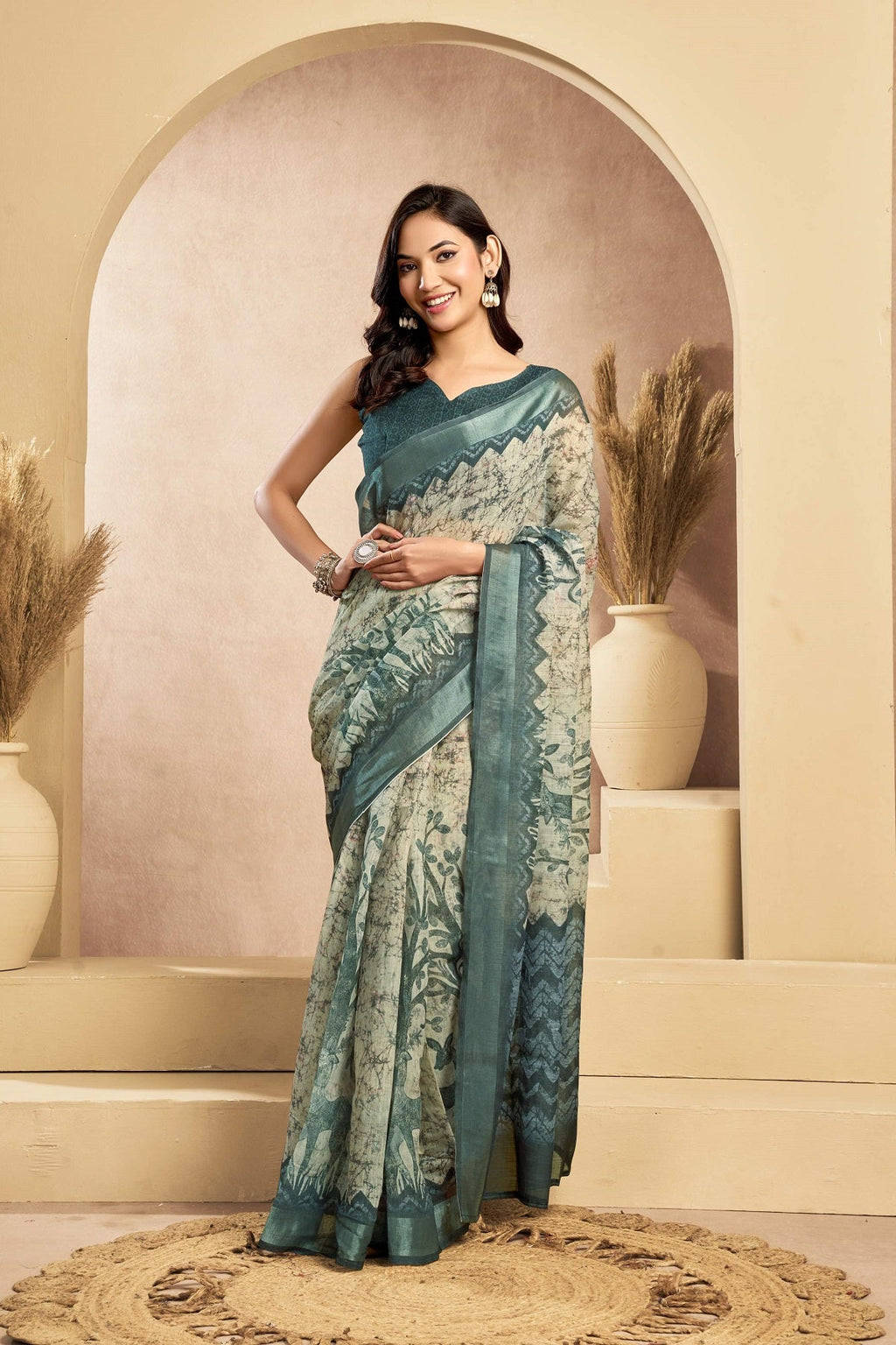 Sage Gree Printed Linen Ready to Wear Saree with Unstitched Blouse