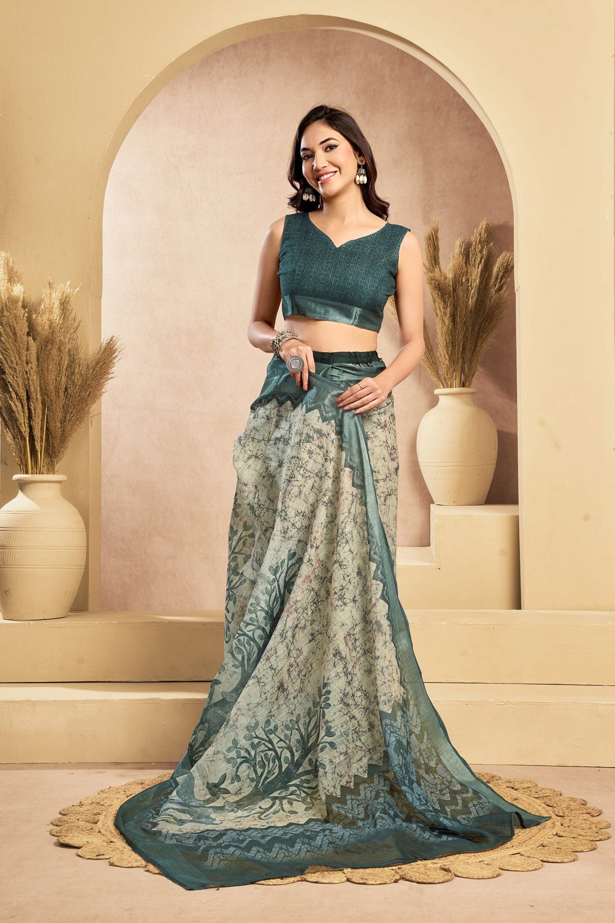 Sage Gree Printed Linen Ready to Wear Saree with Unstitched Blouse