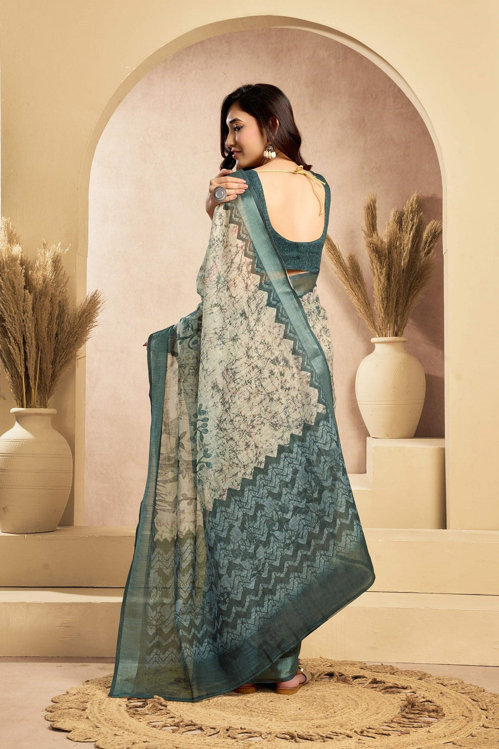 Sage Gree Printed Linen Ready to Wear Saree with Unstitched Blouse