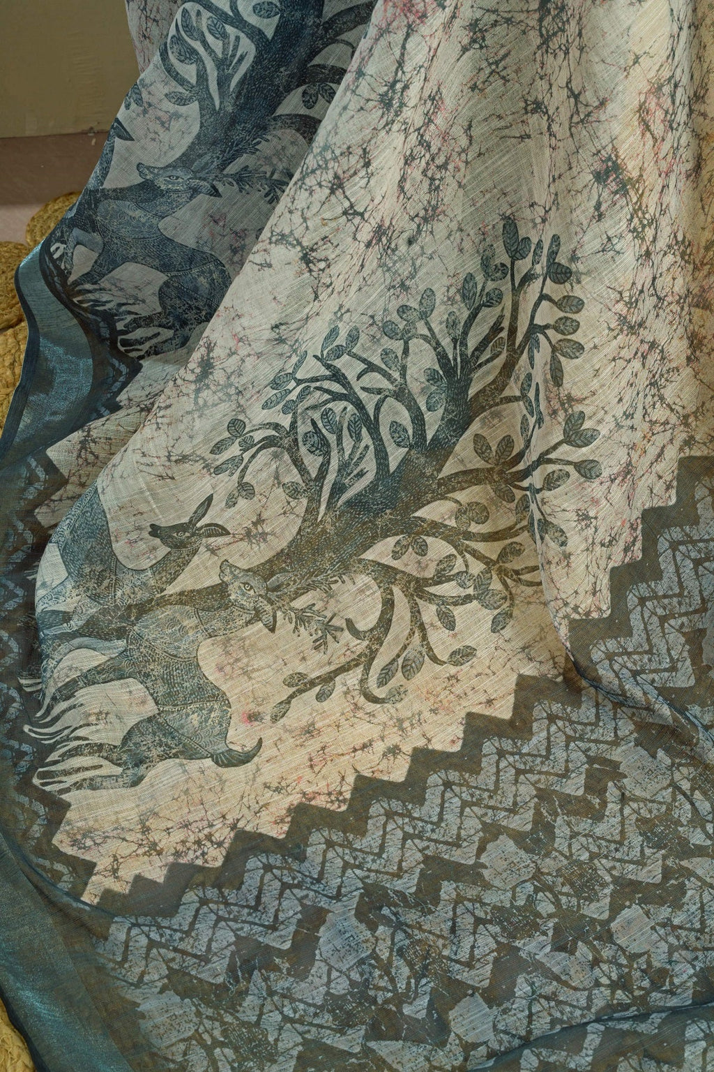 Sage Gree Printed Linen Ready to Wear Saree with Unstitched Blouse