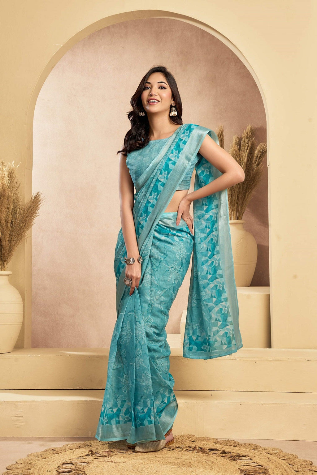 Turquoise Blue Printed Linen Ready-to-Wear Saree with Blouse