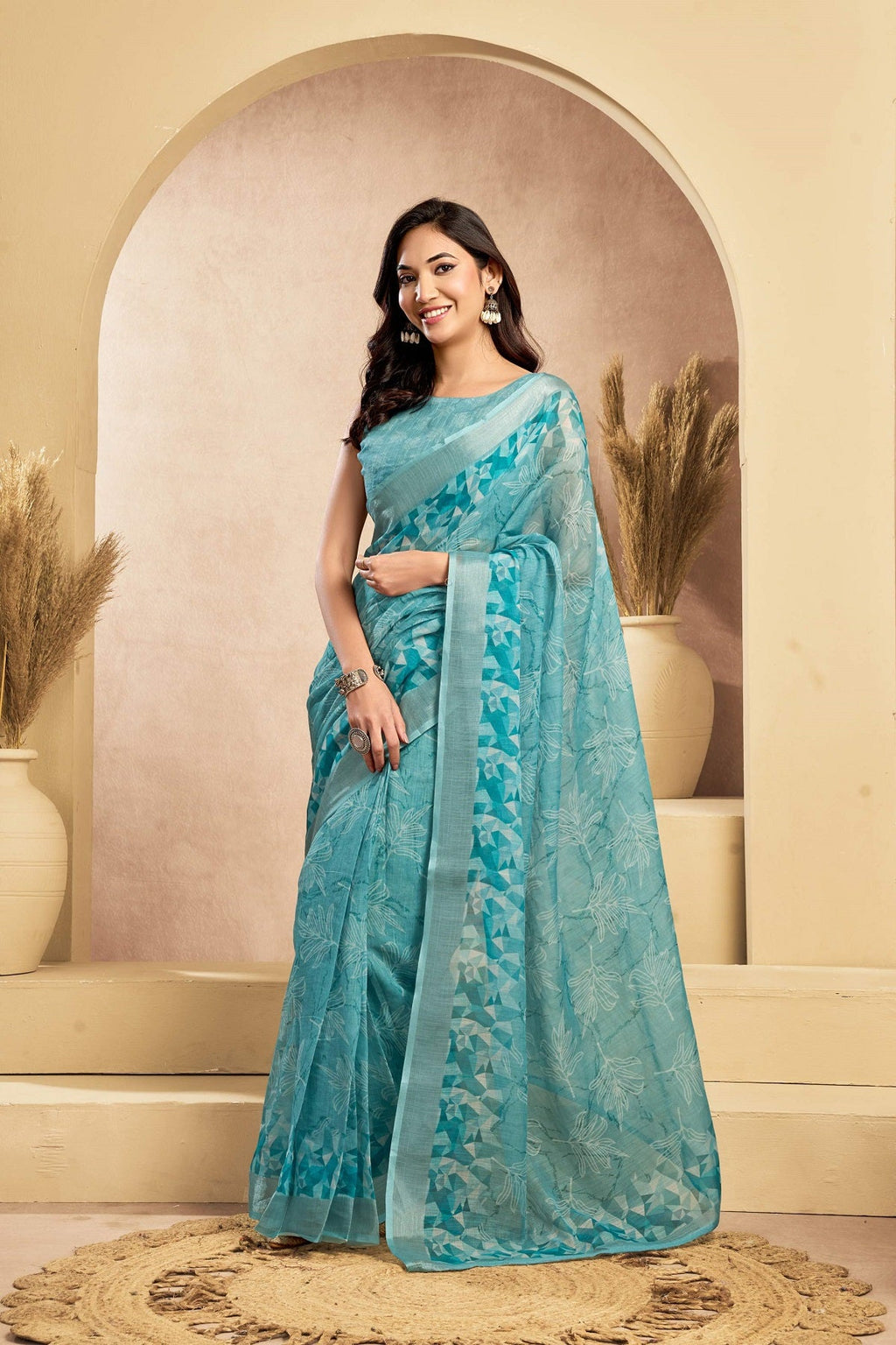 Beautiful Turquoise Blue Printed Linen Ready-to-Wear Saree with unstitched blouse