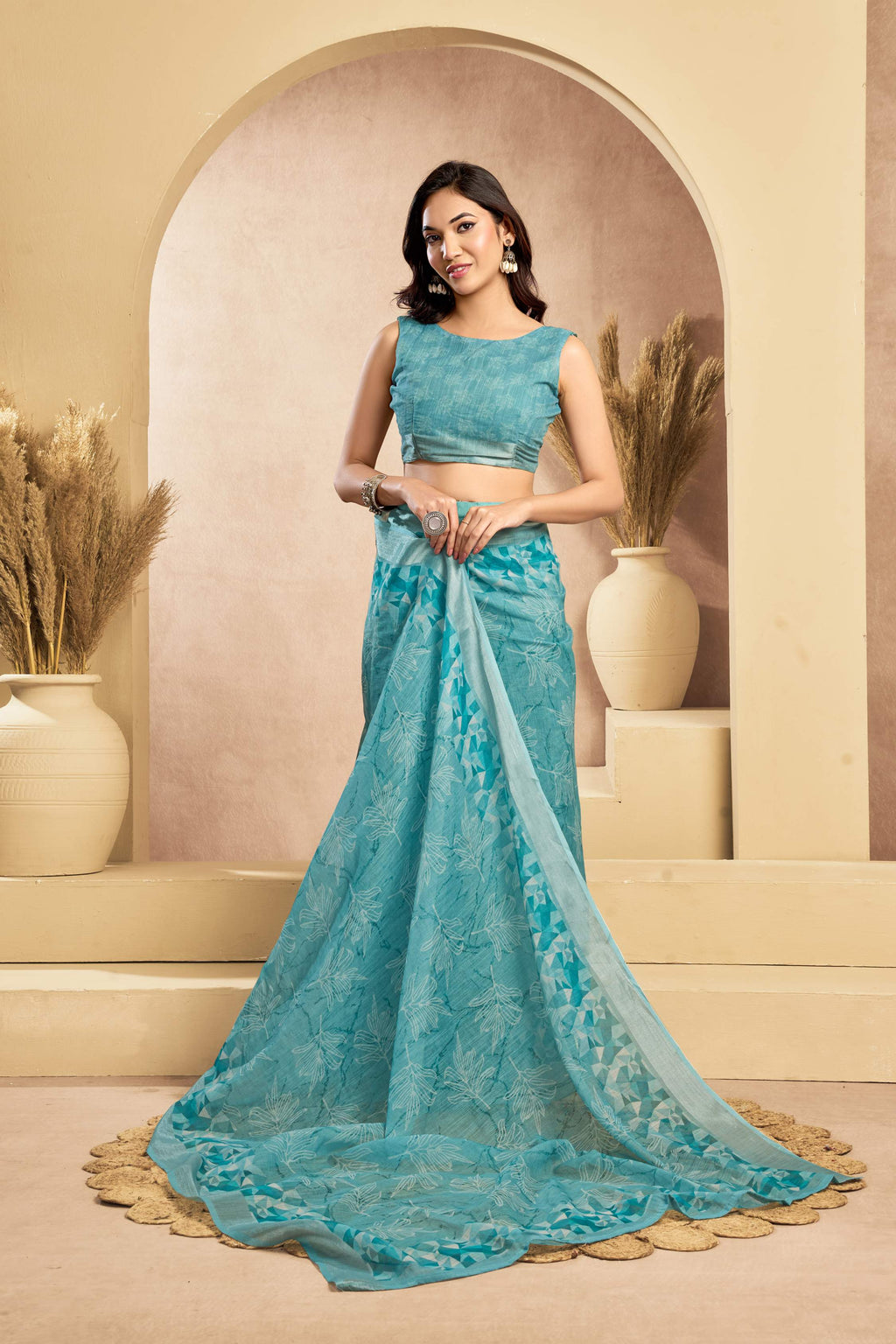 Turquoise Blue Printed Linen Ready-to-Wear Saree with Blouse