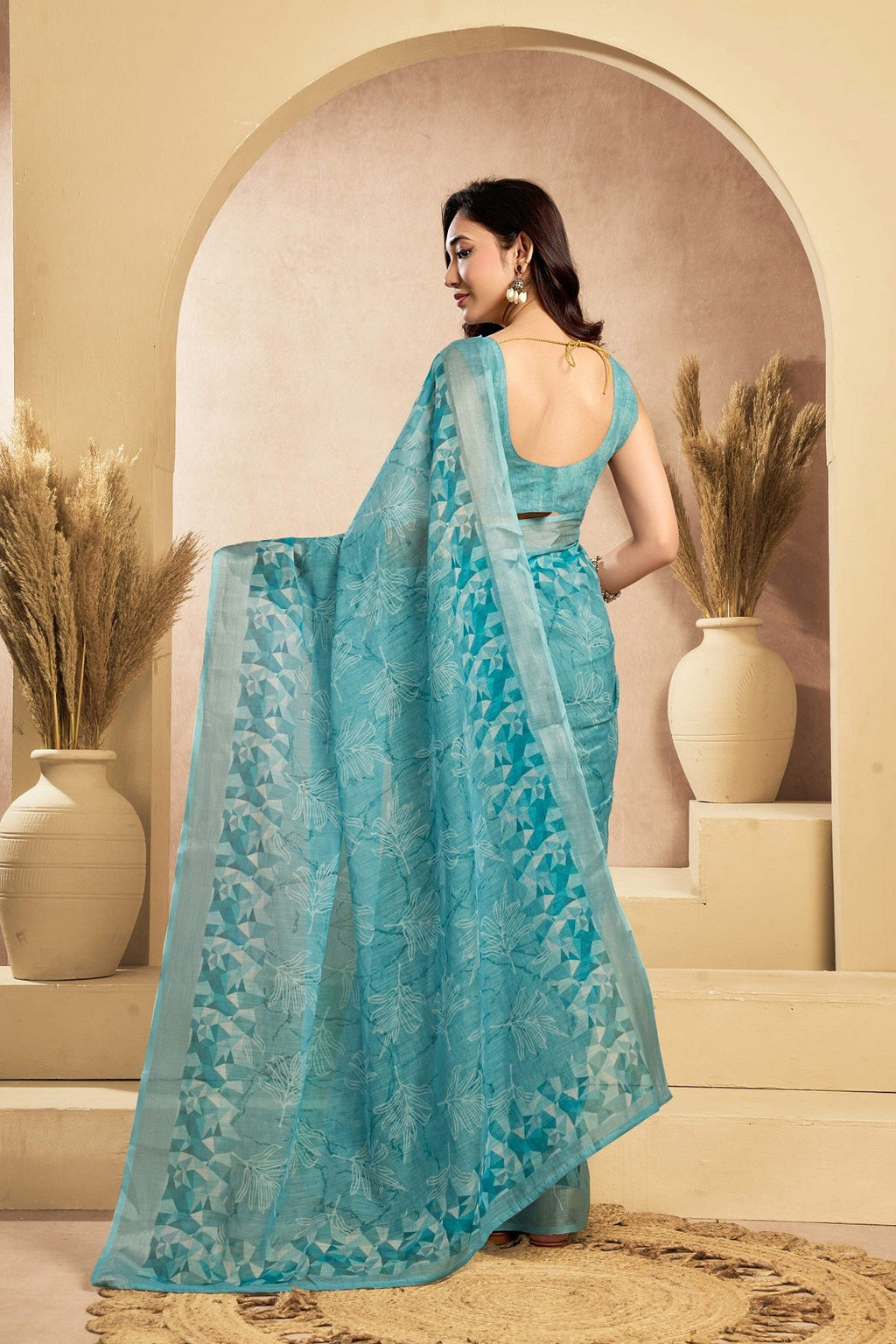 Turquoise Blue Printed Linen Ready-to-Wear Saree with Blouse