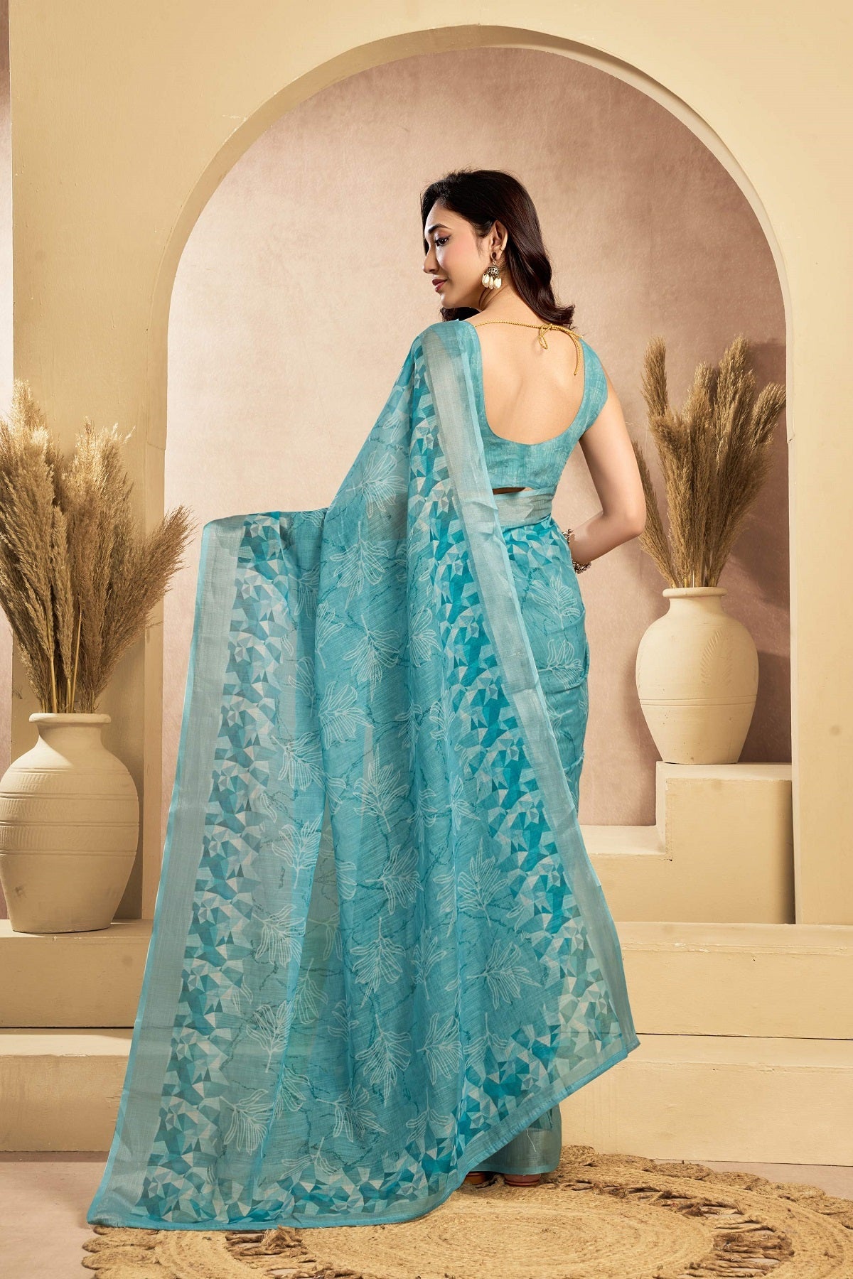 Turquoise Blue Printed Linen Ready-to-Wear Saree with Blouse