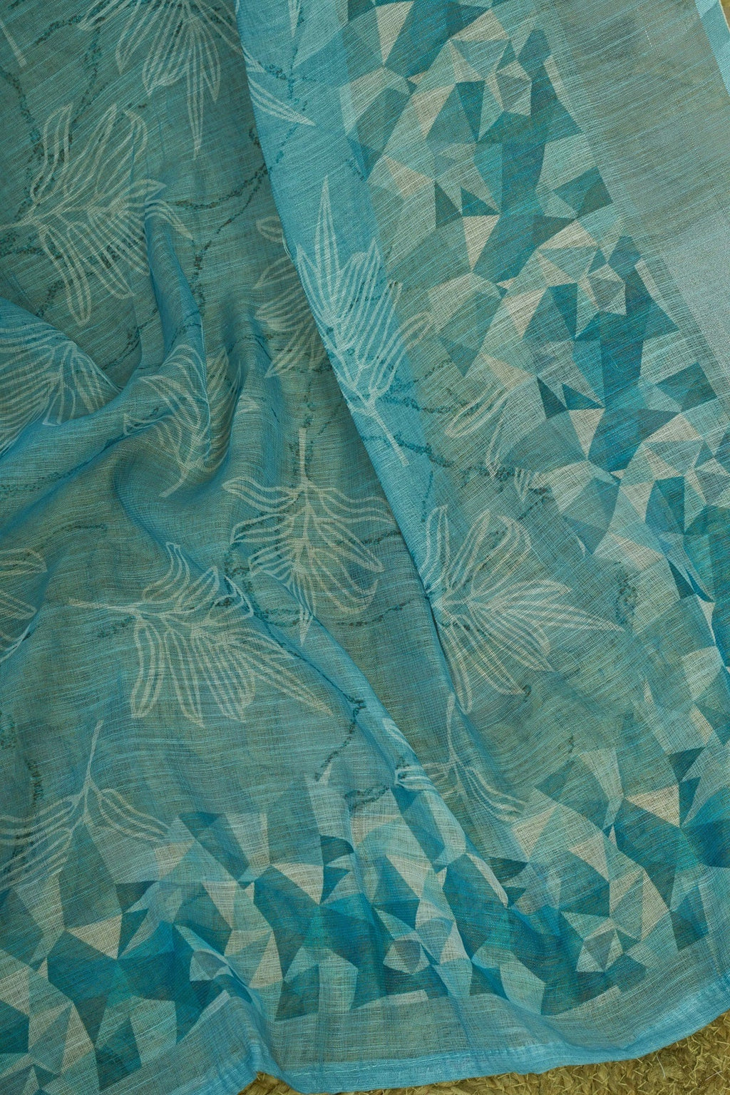Turquoise Blue Printed Linen Ready-to-Wear Saree with Blouse