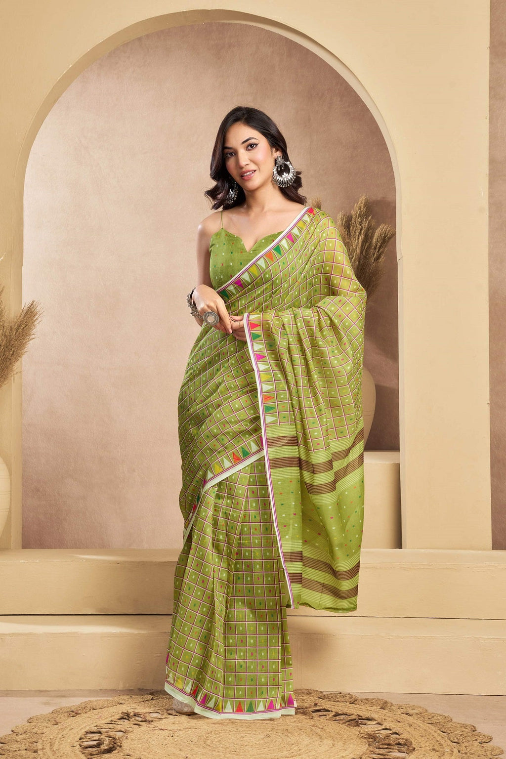 Mint green printed linen ready-to-wear saree with matching unstitched blouse piece