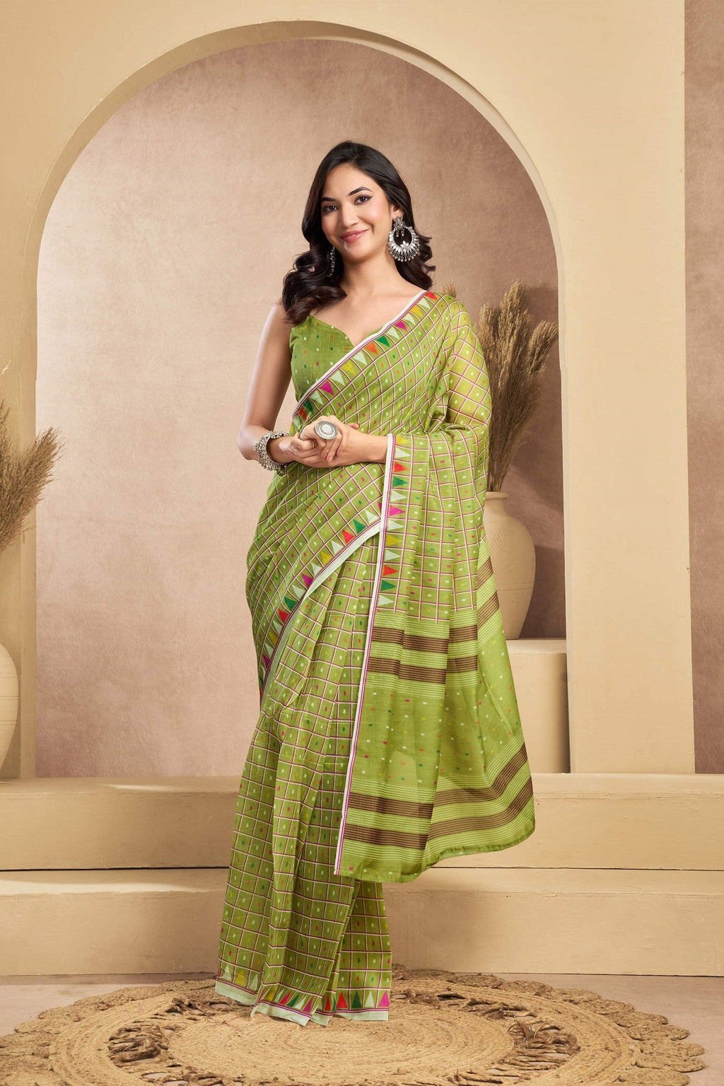 Mint Green Printed Linen Ready-to-Wear Saree with Unstitched Blouse