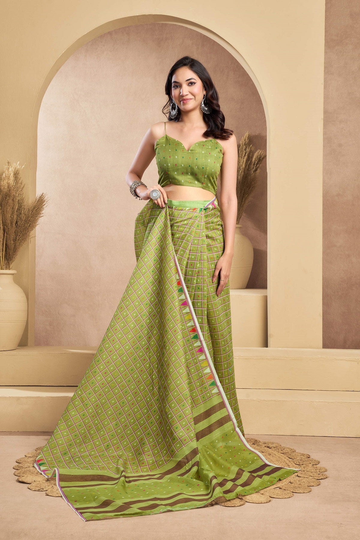 Mint Green Printed Linen Ready-to-Wear Saree with Unstitched Blouse