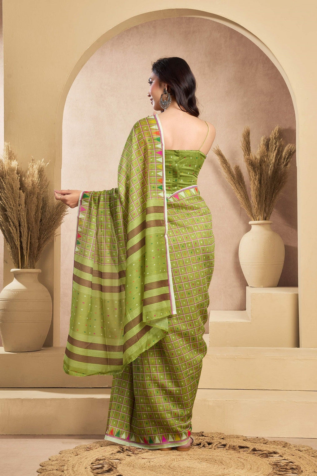 Mint Green Printed Linen Ready-to-Wear Saree with Unstitched Blouse