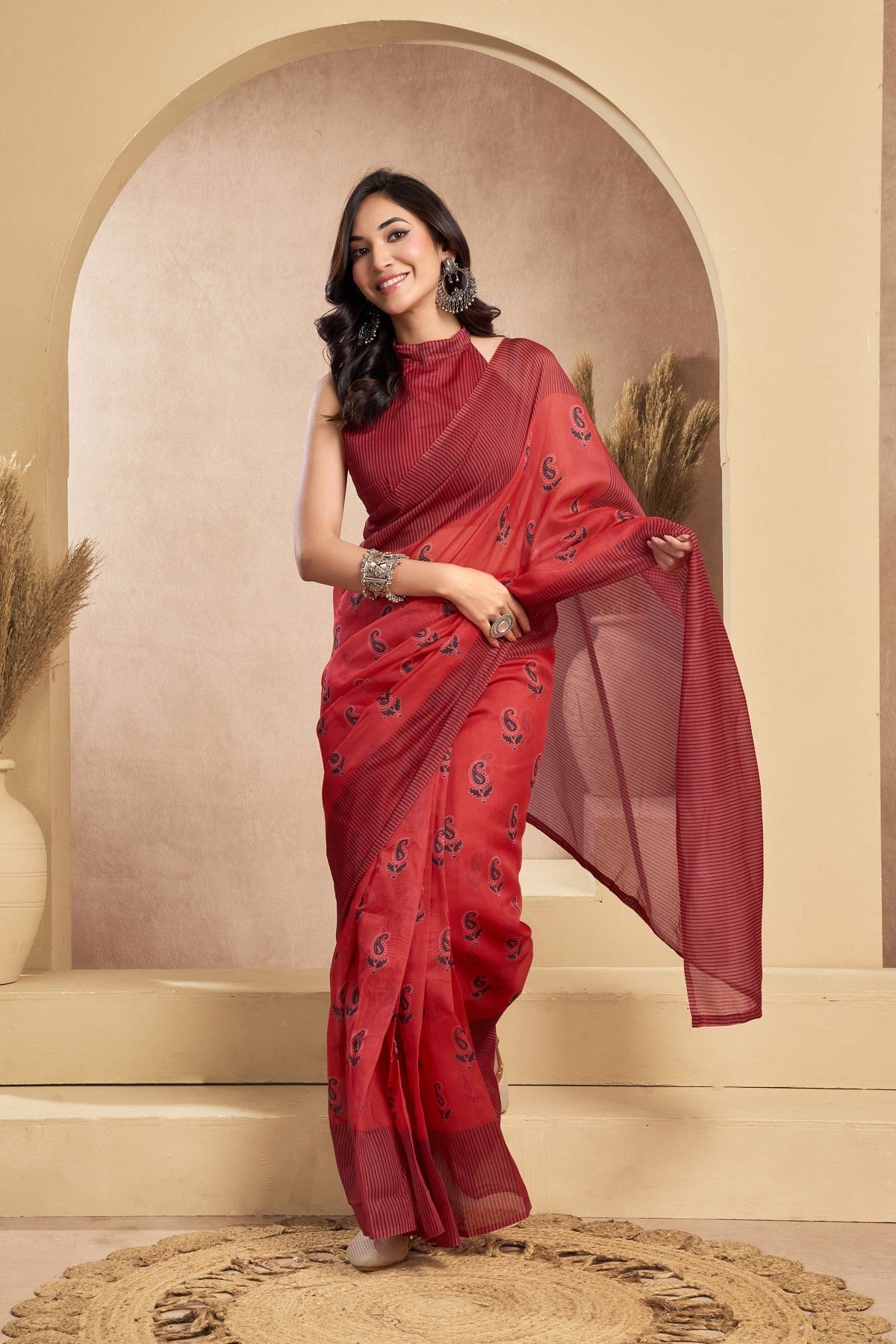 Maroon printed linen ready-to-wear saree with unstitched blouse piece