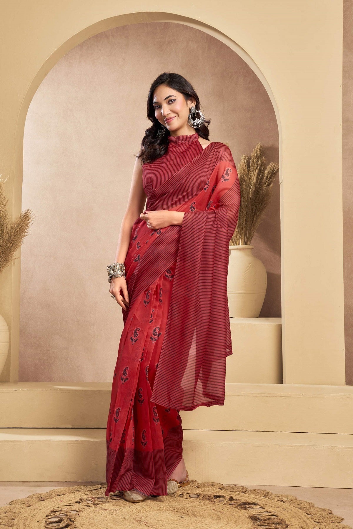 Maroon Printed Linen Ready to Wear Saree with Blouse Piece