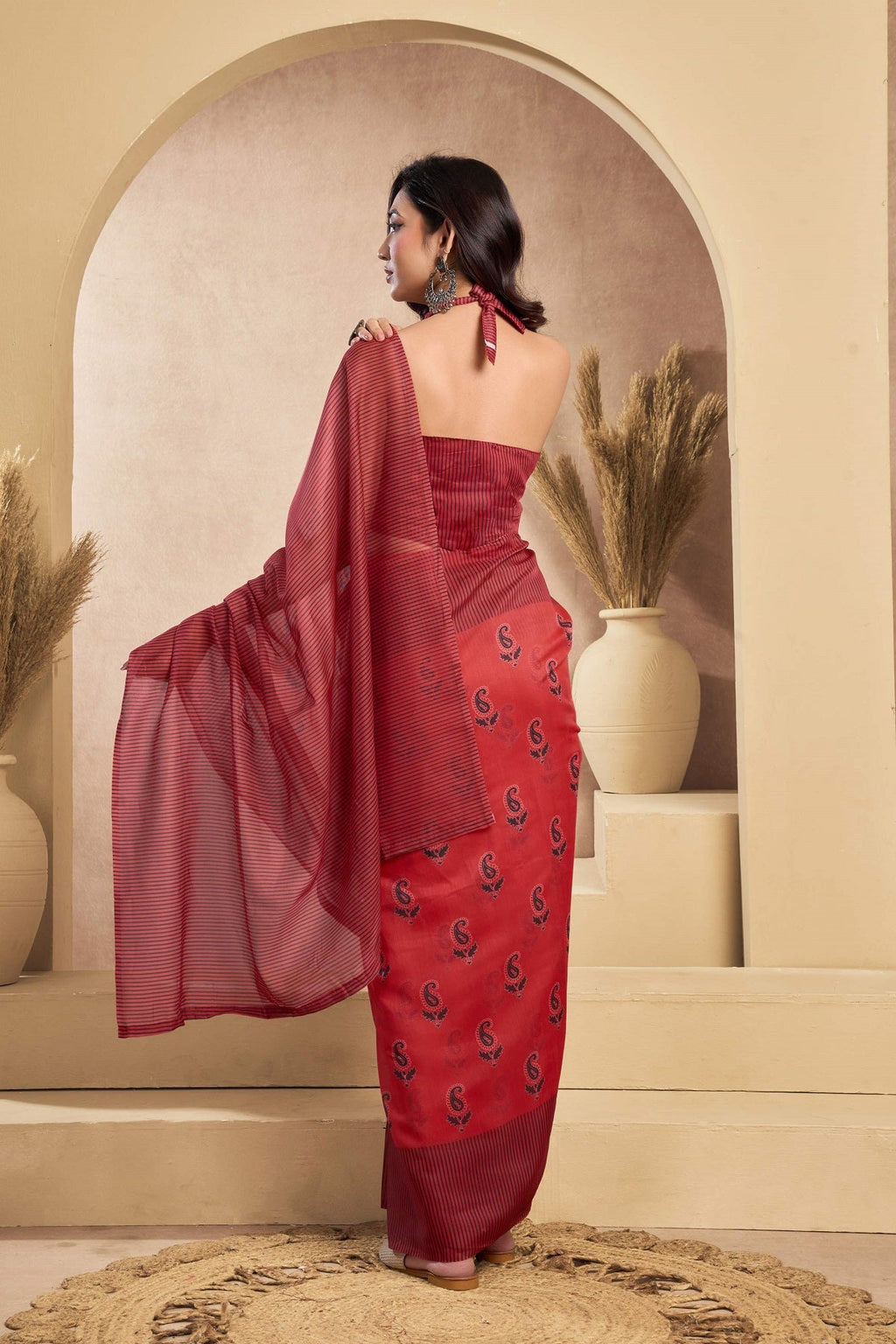 Maroon Printed Linen Ready to Wear Saree with Blouse Piece