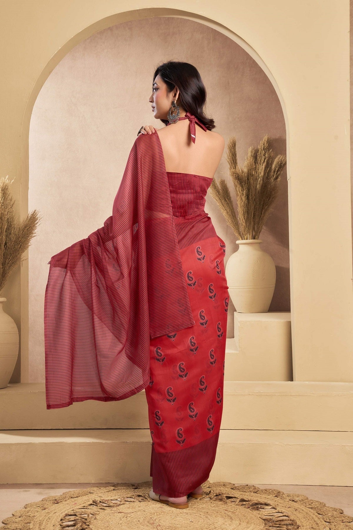 Maroon Printed Linen Ready to Wear Saree with Blouse Piece