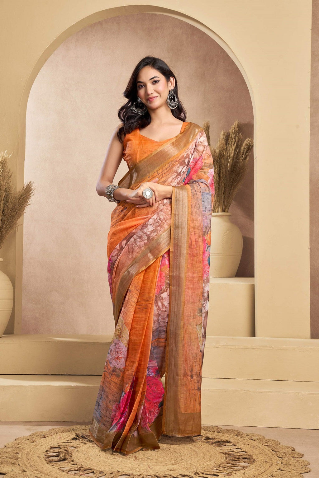 Orange Printed Linen Ready to Wear Saree with Blouse