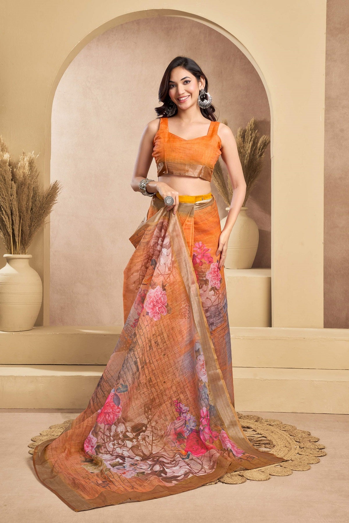 Orange Printed Linen Ready to Wear Saree with Blouse