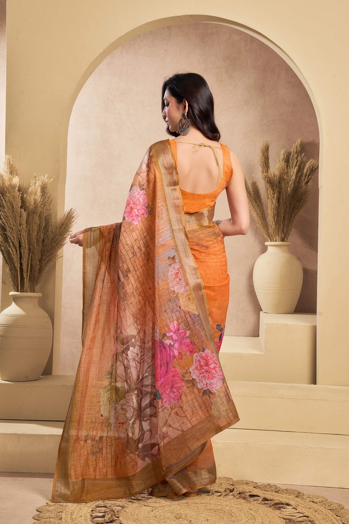 Orange Printed Linen Ready to Wear Saree with Blouse