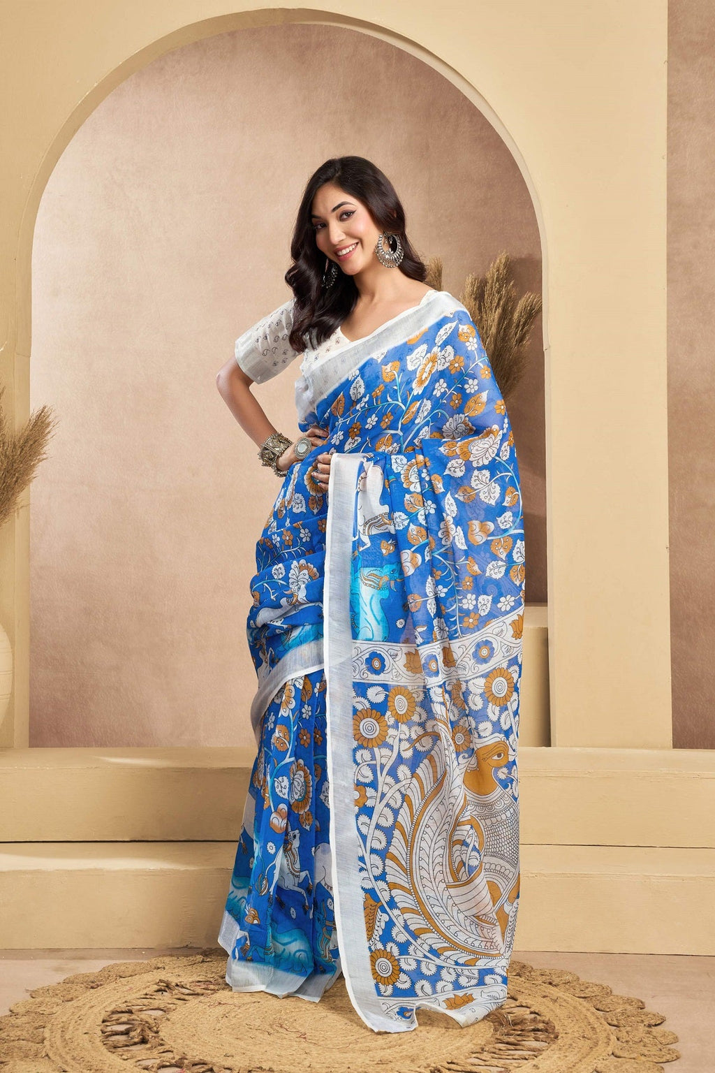 Blue Printed Linen Ready To Wear Saree with Unstitched Blouse
