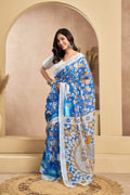 Blue Printed Linen Ready To Wear Saree with Unstitched Blouse