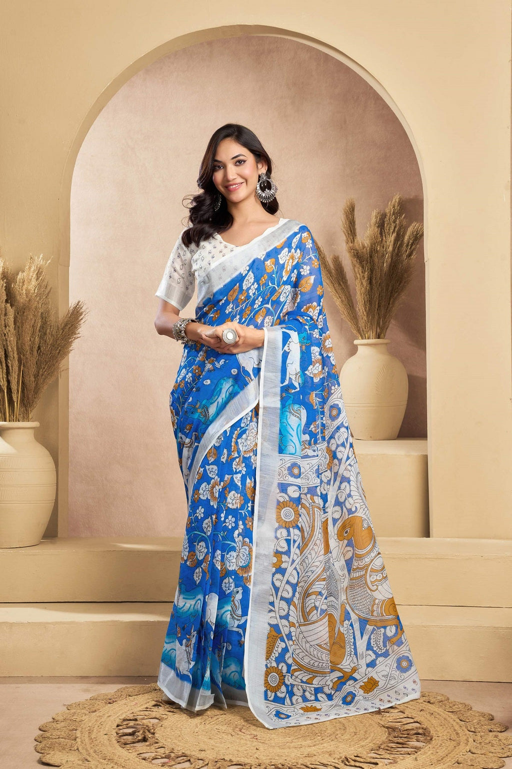 Blue printed linen ready-to-wear saree with matching blouse piece