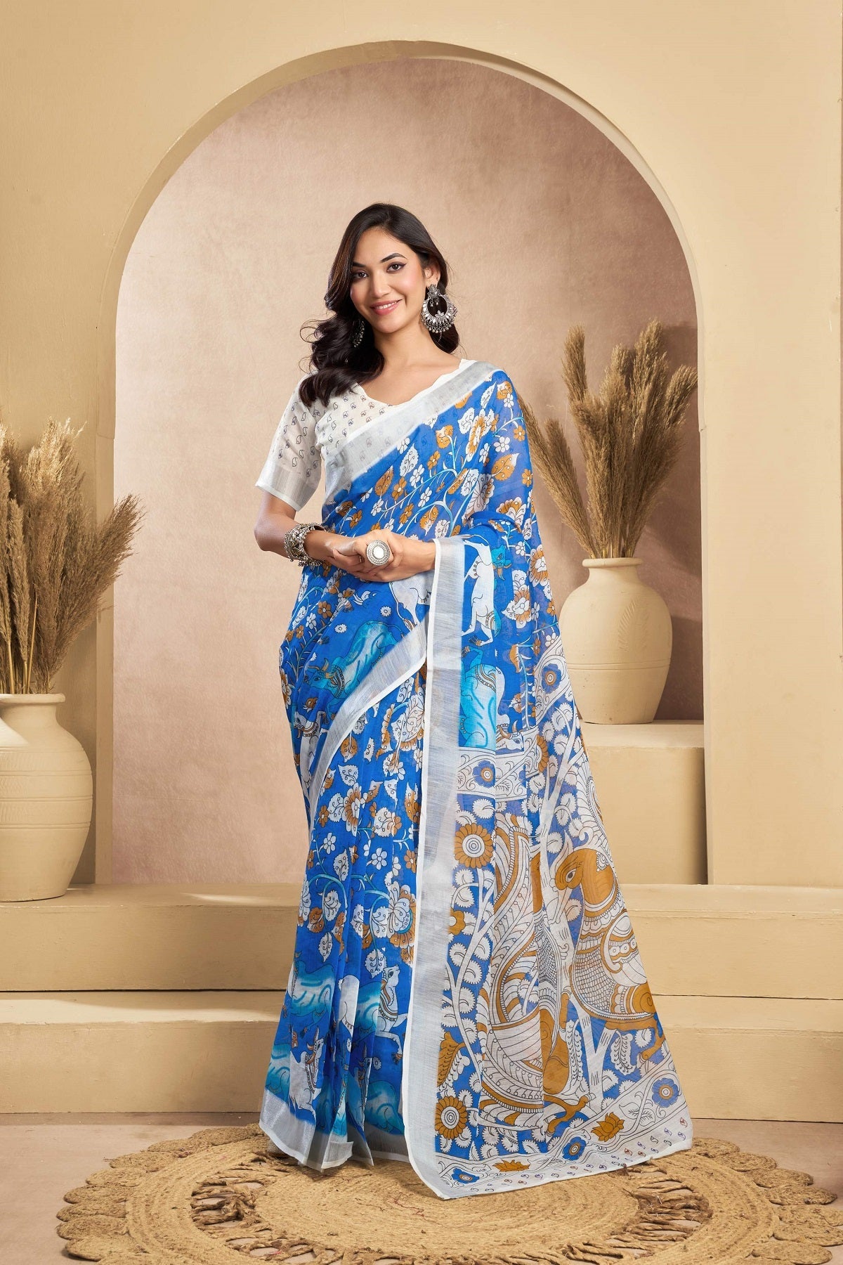 Blue printed linen ready-to-wear saree with matching blouse piece