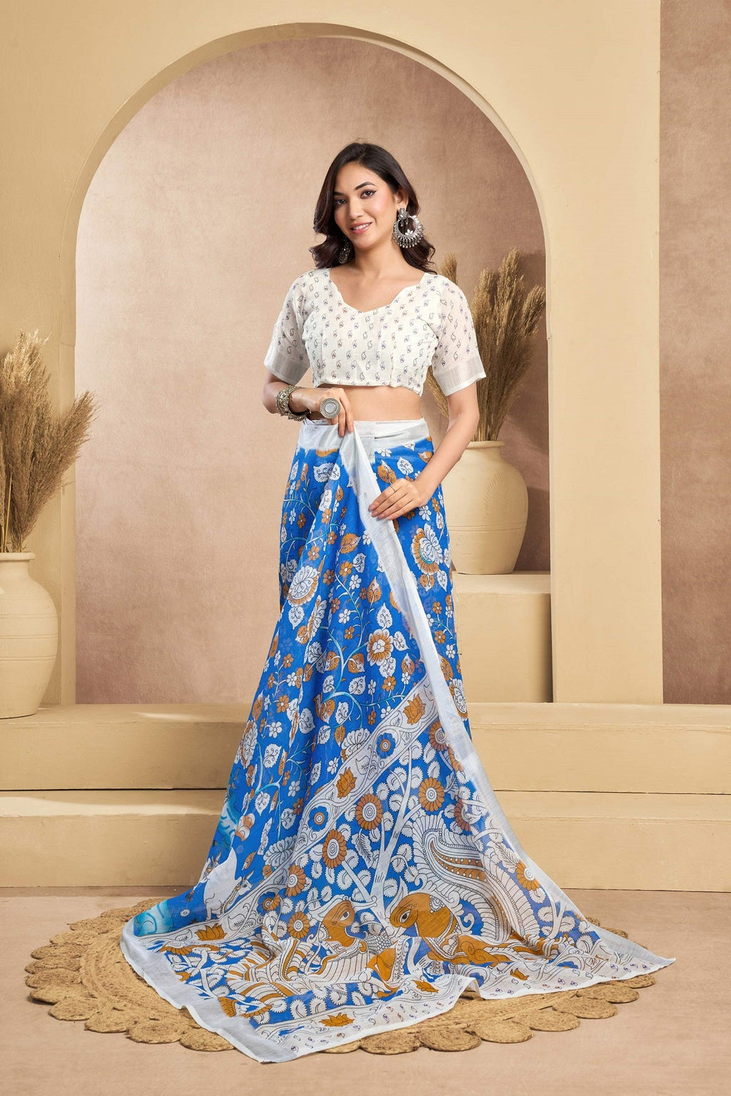 Blue Printed Linen Ready To Wear Saree with Unstitched Blouse