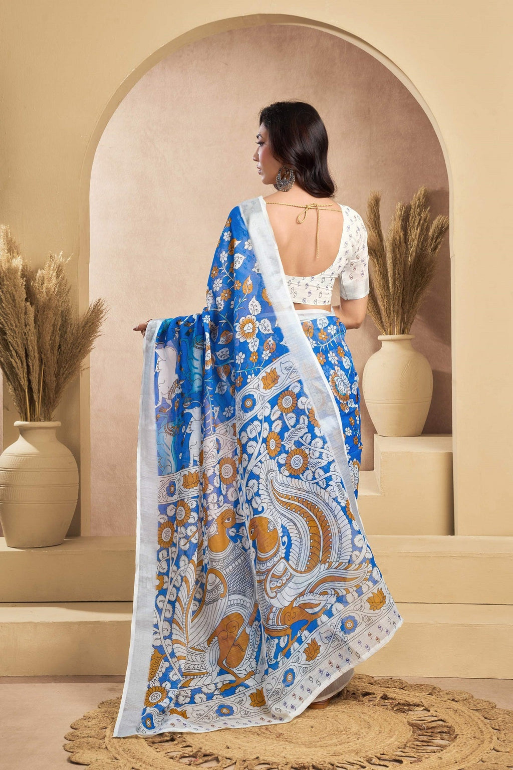 Blue Printed Linen Ready To Wear Saree with Unstitched Blouse