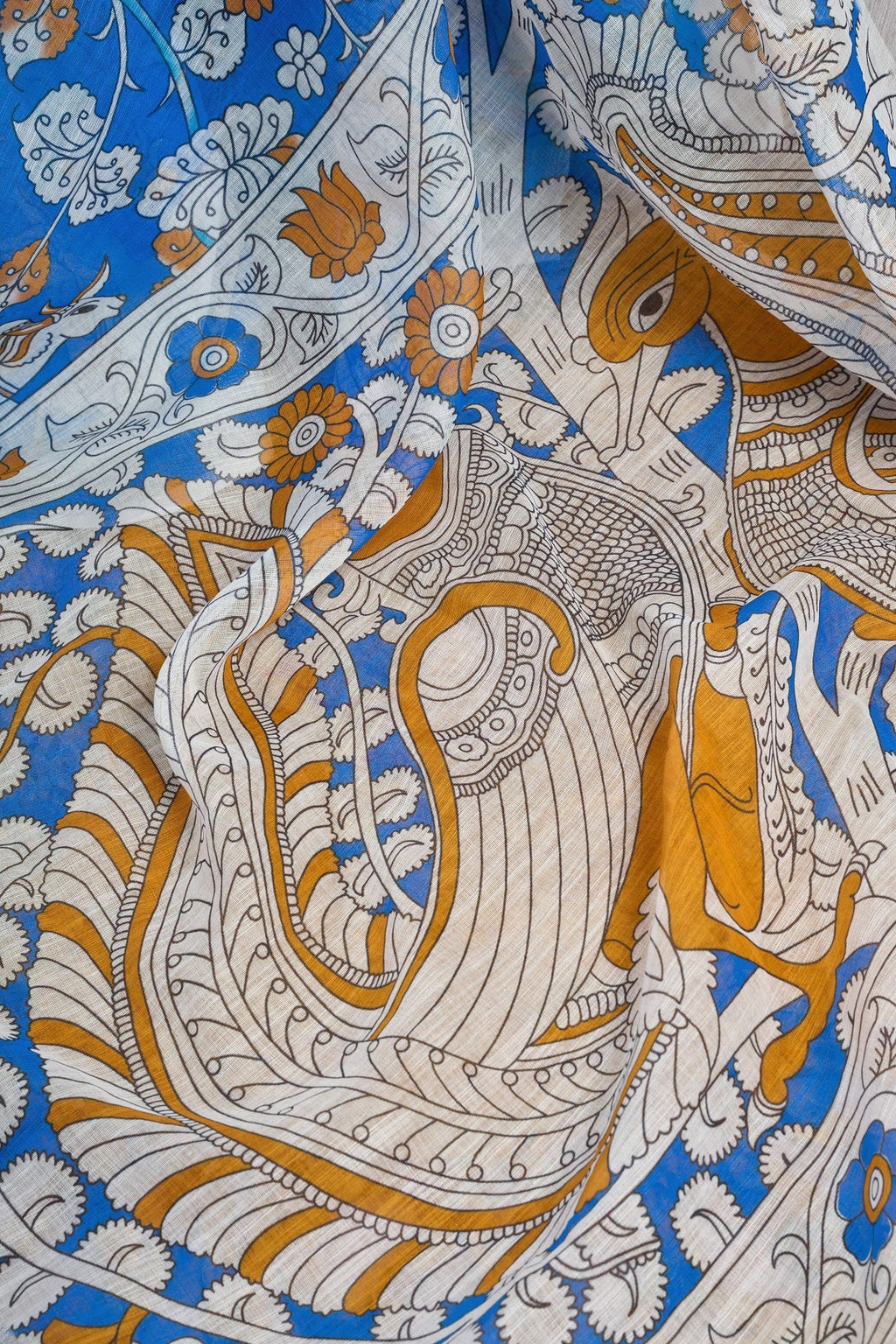 Blue Printed Linen Ready To Wear Saree with Unstitched Blouse