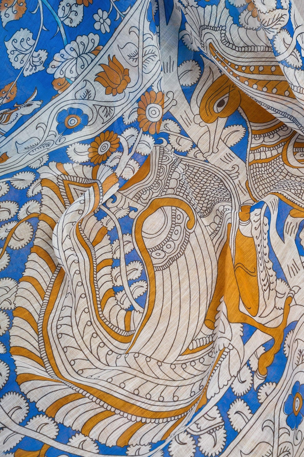 Blue Printed Linen Ready To Wear Saree with Unstitched Blouse