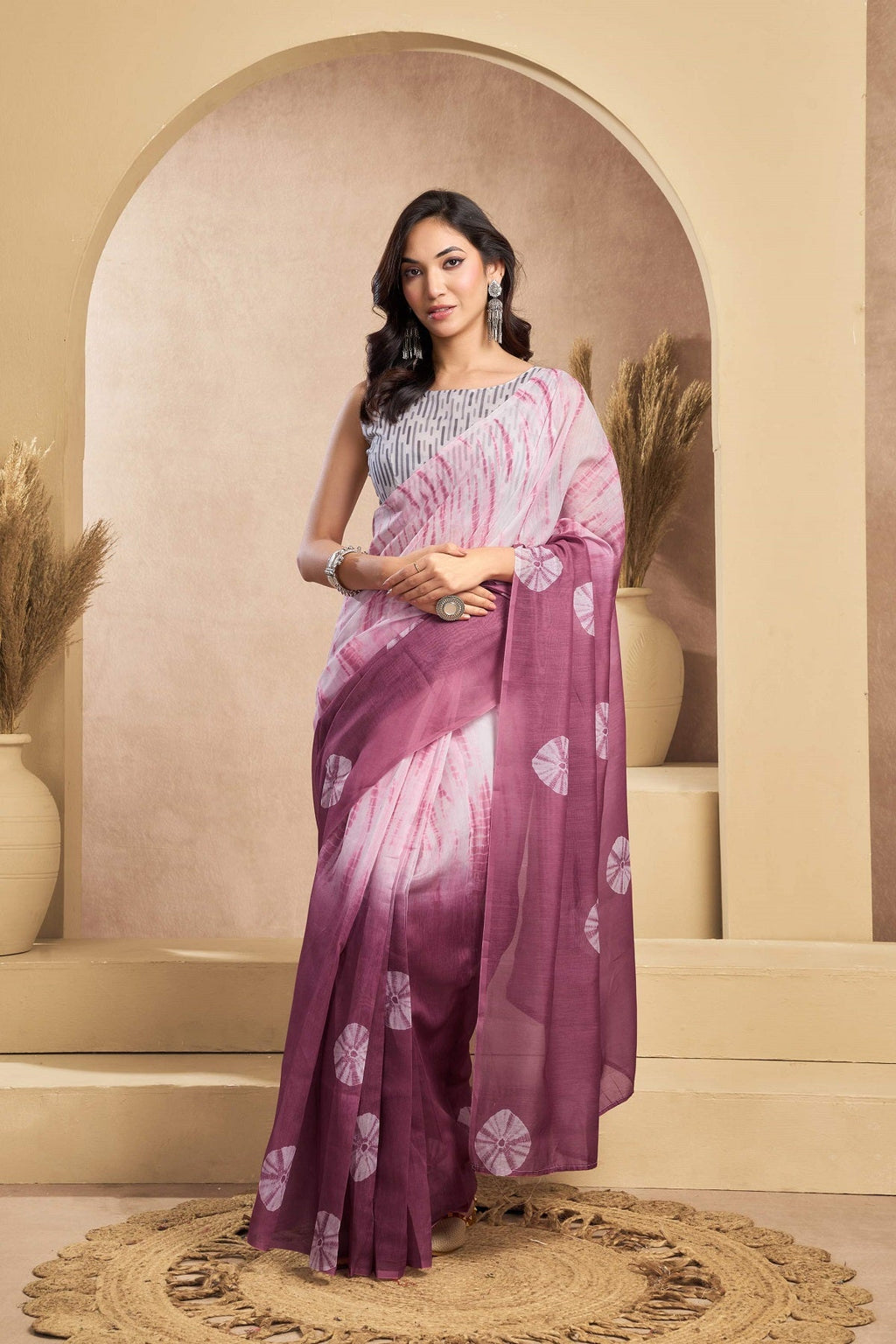 Baby Pink Printed Linen Ready To Wear Saree with Unstitched Blouse