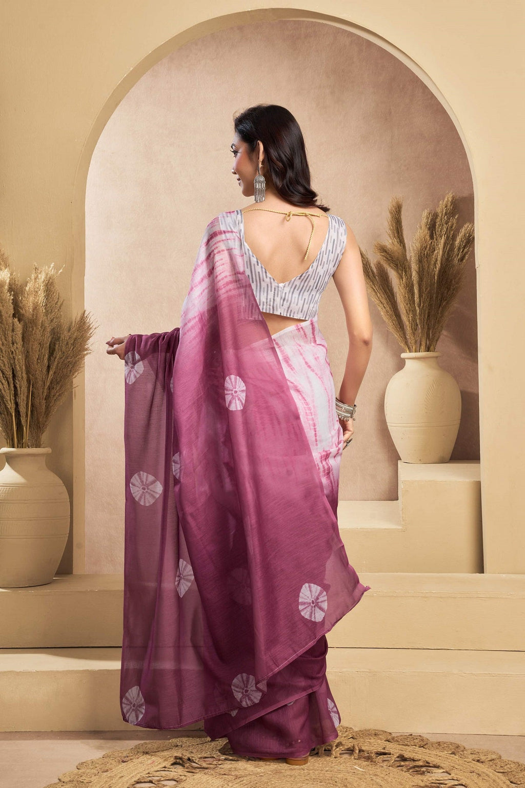 Baby Pink Printed Linen Ready To Wear Saree with Unstitched Blouse