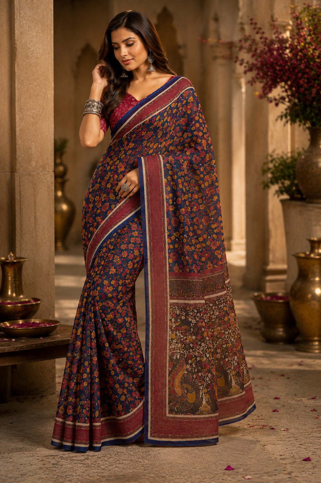 Teal Blue printed Chanderi Cotton ready-to-wear saree with matching unstitched blouse