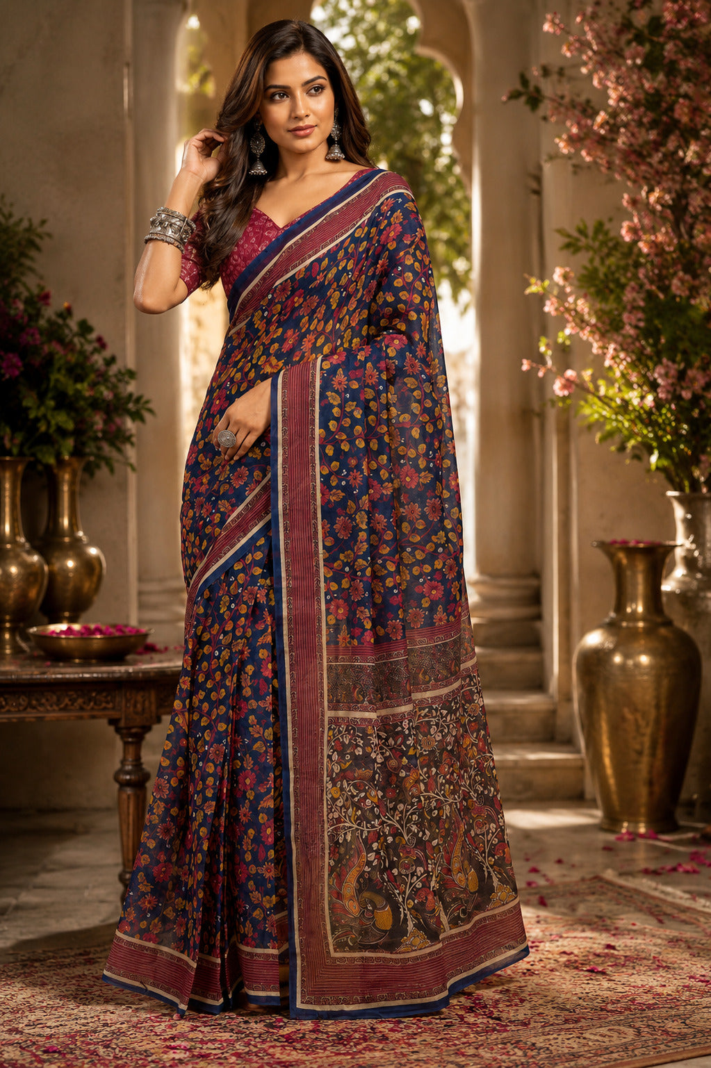 Teal Blue Printed Chanderi Cotton Ready to Wear Saree